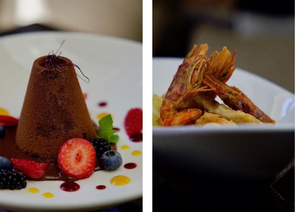 Collage photo with chocolate dessert and fried sea fish