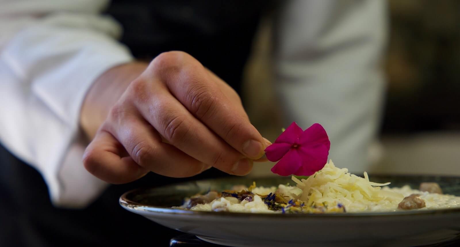 cuoco con fiore in mano, risotto con formaggio